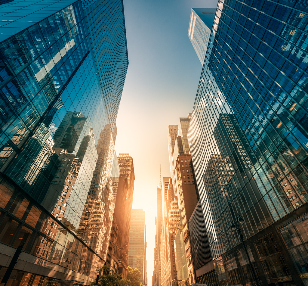 Image of office skyscrapers with reflections in the sunlight